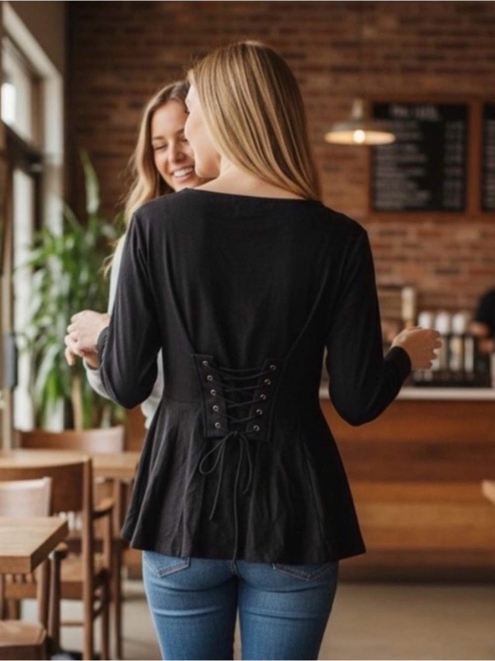 For The Republic ~ Black Lace-Up Back Long Sleeve Knit Top - L